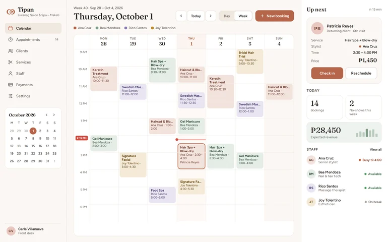 Sample appointment booking system with a weekly staff calendar for a salon and spa
