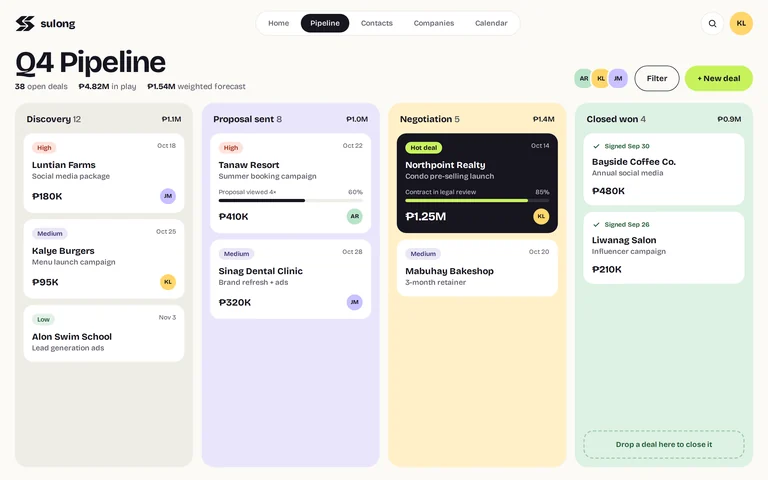 Sample CRM sales pipeline board with deals grouped by stage, priority tags and deal values