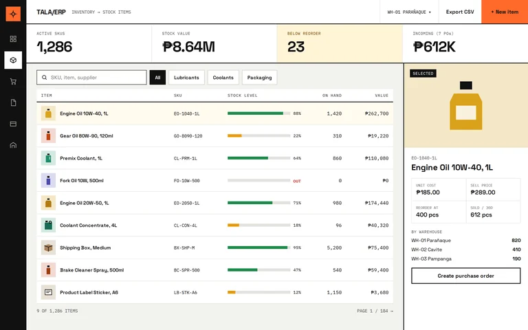 Sample ERP inventory screen with stock levels, reorder alerts, SKU list and item details