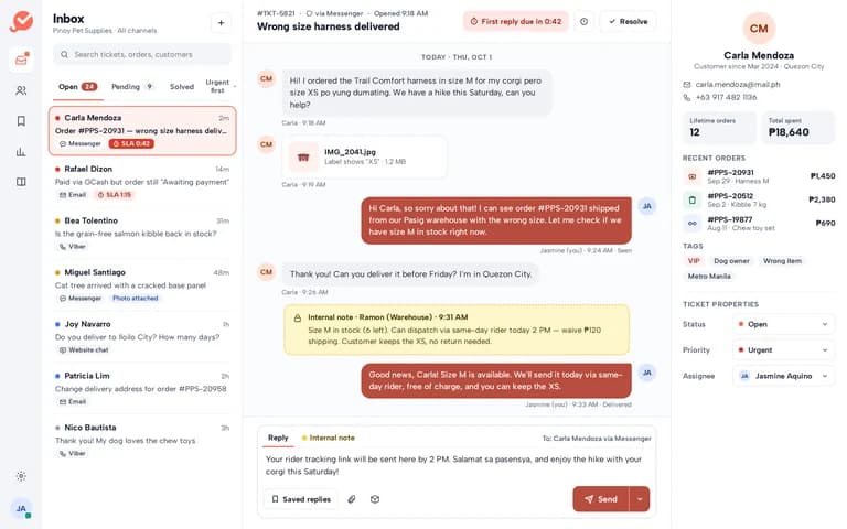 Sample helpdesk ticketing inbox with Messenger, Viber and email conversations and customer details