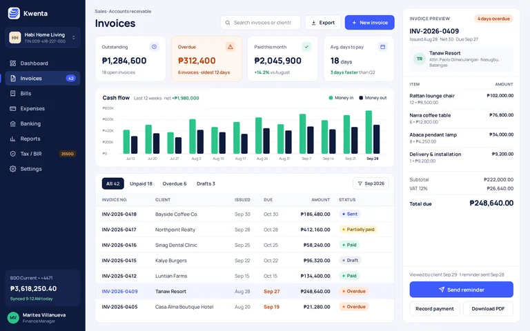 Sample invoicing and accounting dashboard with cash flow chart, invoice statuses and VAT invoice preview