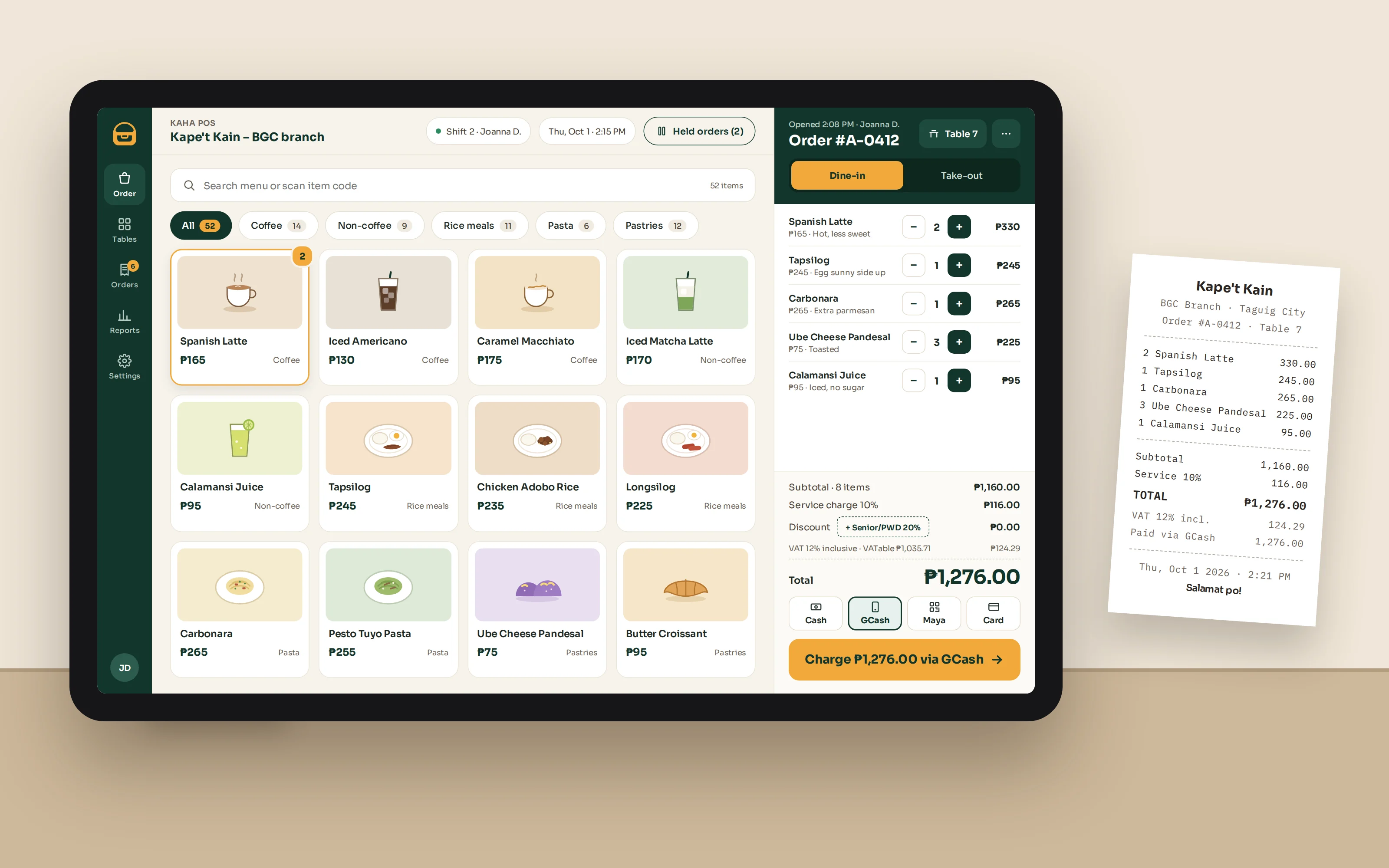 Point-of-sale system shown on a tablet with a printed receipt