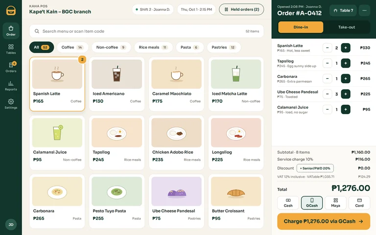 Sample point-of-sale cashier screen for a cafe with menu items, order summary and GCash, Maya, cash and card payment
